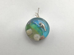 Sterling silver 25mm Round Pendant with  Shells, Sand, Sea glass, Rocks, Manatee,  ,shore, ocean,  beach comber, Alcohol ink