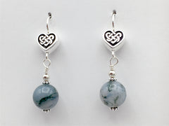 Pewter & sterling silver Celtic Knot Heart dangle earrings-moss agate-hearts, Valentine