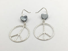 Sterling silver large textured peace sign dangle earrings- world, signs,peaceful, hematite