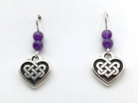 Pewter & sterling silver Celtic Knot Heart dangle earrings-amethyst- knots- February birthhstone