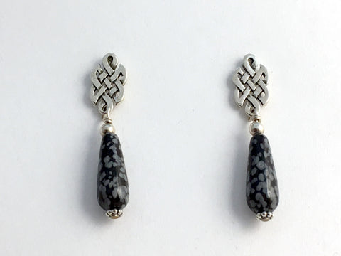 Sterling Silver & surgical steel  Celtic knot stud Earrings- snowflake obsidian