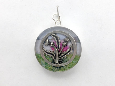 Sterling silver 25mm Round Pendant with Thistles and Loch, Scotland, Celtic