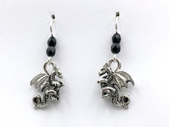 Pewter & sterling silver 3-D flying dragon dangle earrings-dragons- fantasy
