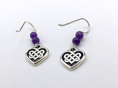 Pewter & sterling silver Celtic Knot Heart dangle earrings-amethyst- knots- February birthhstone