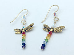 Goldtone Pewter and  14K GF dragonfly dangle earrings-rainbow crystals-LGBTQIA