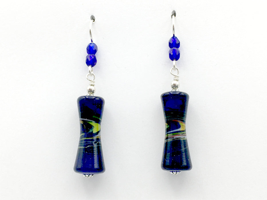 Cobalt Blue glass with orange, red, green & white swirl tube bead dangle earrings-sterling silver