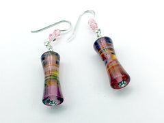 Pink glass with orange, red & white swirl tube bead dangle earrings-sterling silver