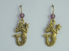 Gold Tone Pewter & 14k GF Mermaid w/ starfish dangle earrings-Fantasy- siren,sea