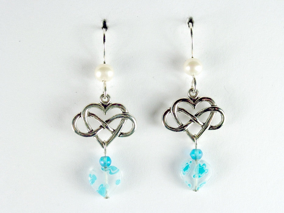 Sterling Silver Infinity Heart dangle Earrings-freshwater pearls,aqua millefiori