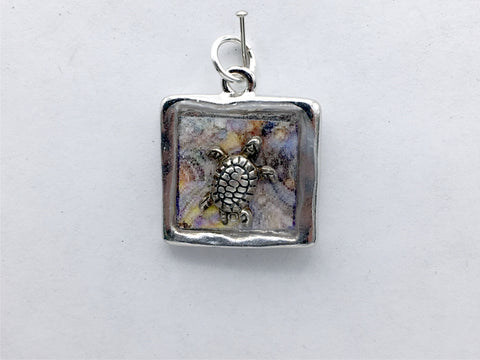 Pewter with Sterling Silver Turtle & shell print pendant-resin, turtles,tortoise