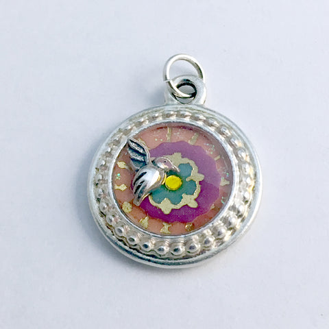 Pewter with flower and sterling silver tiny hummingbird pendant-resin, bird,