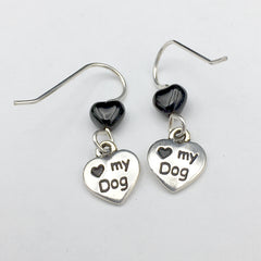 Pewter & Sterling Silver Love Heart My Dog dangle Earrings-dogs, canine, paw, paws