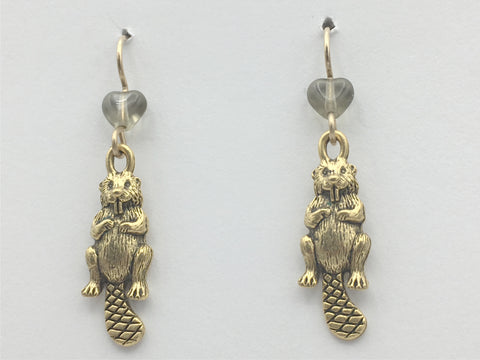 Goldtone Pewter & 14K GF wire beaver dangle earrings-beavers,animal, rodent, dam