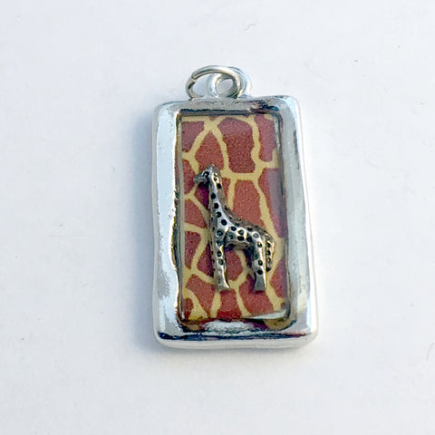 Pewter with sterling silver giraffe pendant- rectangular, print, resin, safari