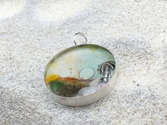 Sterling silver 25mm Round Pendant with Shell, Shells, Sand, Sea glass, Palm Tree, stones,  shore, Moon, Sun alcohol ink art, island, beach comber