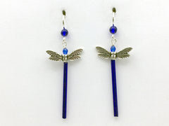 Pewter & Sterling silver long dragonfly dangle earrings-cobalt blue-dragonflies