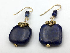Goldtone Pewter spiral beadcap and 14k gold filled wire and Lapis Lazuli square bead dangle earrings- spirals
