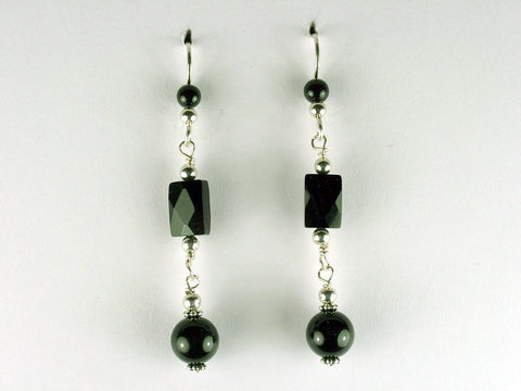 Sterling silver and Black Onyx beads dangle earrings- Elegant, 2 1/4 inches