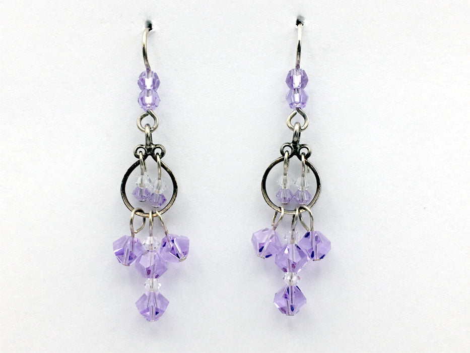 Sterling Silver circle with curlicues Earrings- lavender and clear Crystal drops