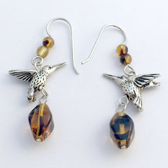 Pewter & Sterling silver hummingbird dangle earrings-brown & black stripe glass