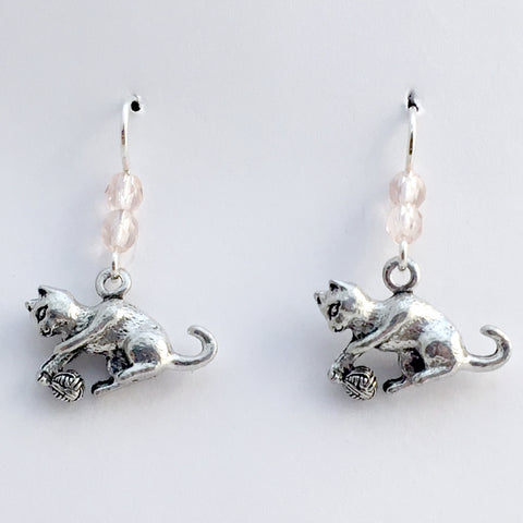 Pewter and sterling silver Cat with yarn dangle Earrings- cats-kitten-pink-pussy