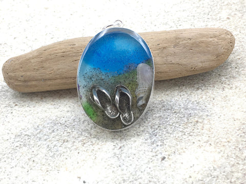 Sterling silver 30mmx 22mm Oval Pendant with Shell, Shells, Flip Flops, Sea glass, Sandals, Stone Harbor, New Jersey shore, tide pool,  alcohol ink art,  beach comber