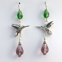 Pewter & Sterling silver hummingbird dangle earrings-purple & green crystal,bird,birds