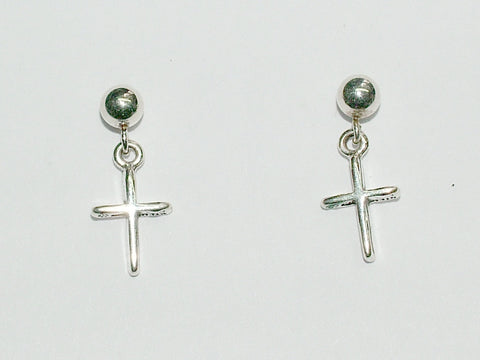 Sterling silver 4mm ball stud with tiny simple cross dangle earrings-religion