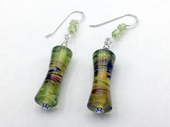Green glass with orange & white swirl tube bead dangle earrings-sterling silver