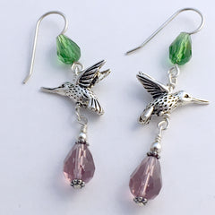 Pewter & Sterling silver hummingbird dangle earrings-purple & green crystal,bird,birds
