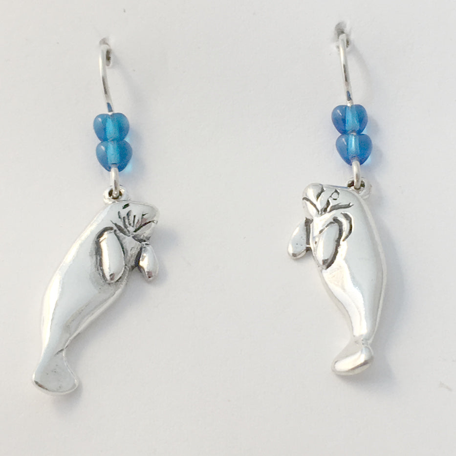 Sterling silver large Manatee dangle earrings-ocean- Manatees- marine,dugong