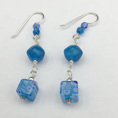 Sterling silver & millefiori capri and aqua glass beads dangle earrings-bright, blue