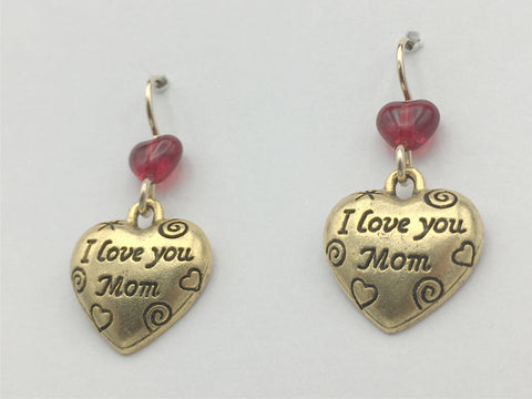 Goldtone Pewter & 14k GF I Love You Mom heart dangle earrings- red, Mother,gift