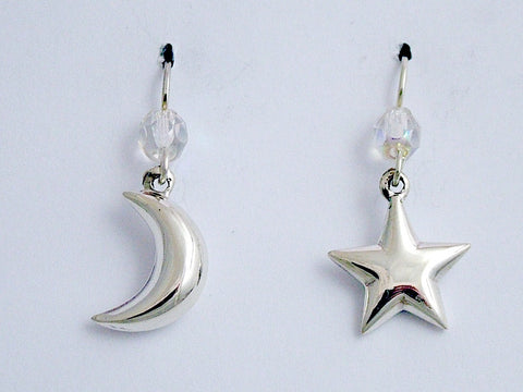 Sterling Silver puffy moon & star dangle earrings-lunar-celestial-astronomy-sky