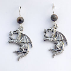 Pewter & sterling silver fire breathing dragon dangle earrings-dragons-tiger eye