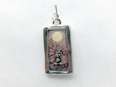 Pewter frame, sterling silver owl with full moon pendant-resin, owls, bird, birds