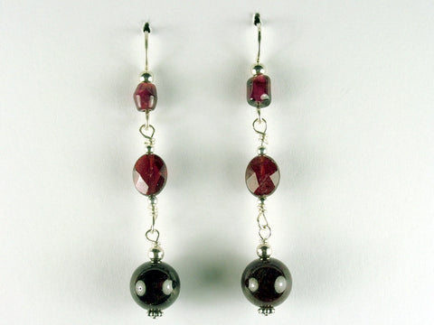 Sterling silver and Garnet beads dangle earrings- Elegant, 2 1/4 inches, garnets