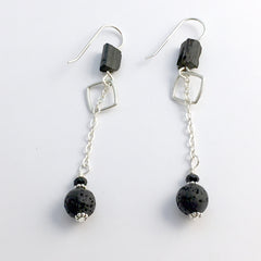 Sterling silver, square with chains, Black Tourmaline , and Volcanic Scoria dangle earrings