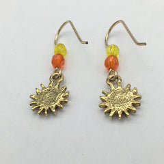 Gold Tone Pewter & 14k GF small Sun with face dangle earrings-sweet, celestial