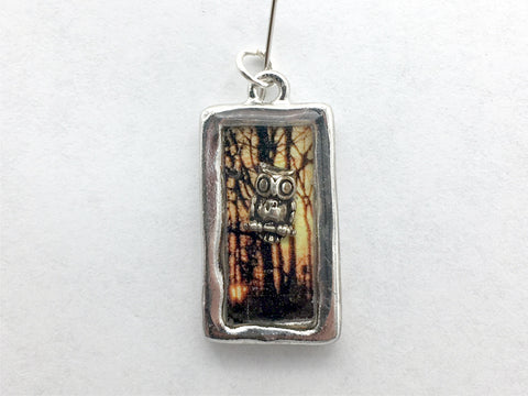 Pewter frame, sterling silver owl with sunset trees pendant-resin,owls,bird,bird