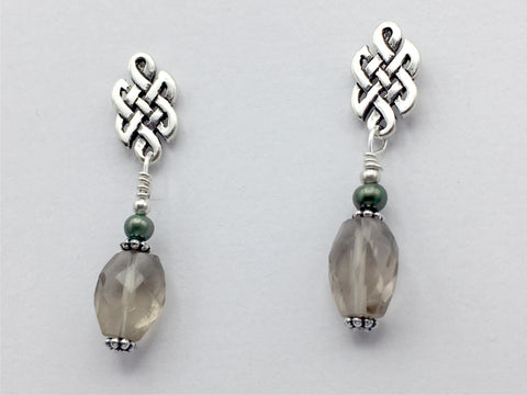 Sterling Silver & surgical steel Celtic knot stud Earrings-smoky quartz, freshwater pearls, knots
