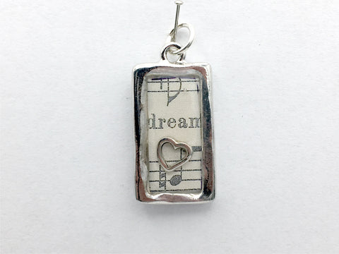 Pewter frame pendant, sheet music, sterling silver open heart-resin, dream, musician