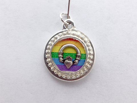 Round Pewter Rainbow flag & sterling silver Claddagh pendant-resin,Gay Pride,LGBTQ