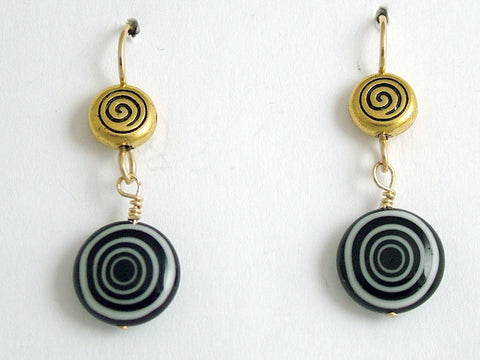 Gold tone Pewter & 14kgf spiral dangle earrings- black and white glass , spirals