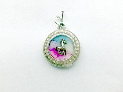 Round Pewter frame w/ sterling silver horse pendant-resin, alcohol ink, pony