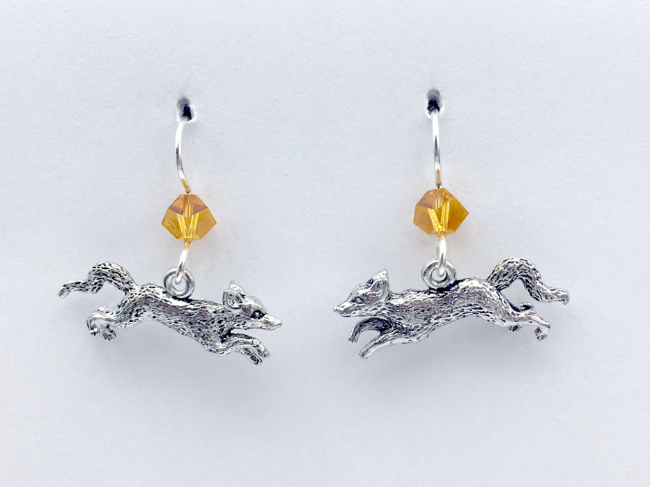 Pewter & Sterling silver running fox dangle earrings-foxes, vixen, kit, canine