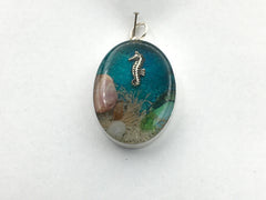 Sterling silver 30mmx 22mm Oval Pendant with Shell, Shells, sea horse, Sea glass,  sea plants, Naples, Florida shore, tide pool,  alcohol ink art,  beach comber