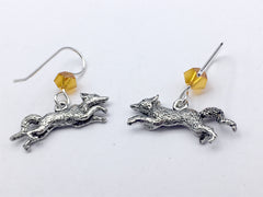 Pewter & Sterling silver running fox dangle earrings-foxes, vixen, kit, canine