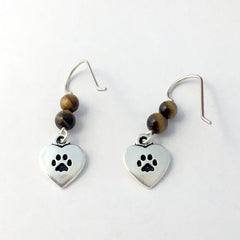 Pewter & Sterling Silver Love Heart My Cat dangle Earrings-cats,feline, paw