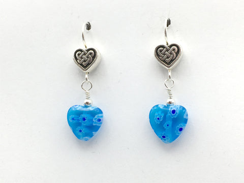 Pewter & sterling silver Celtic Knot Heart dangle earrings-blue millefiori glass-Valentine
